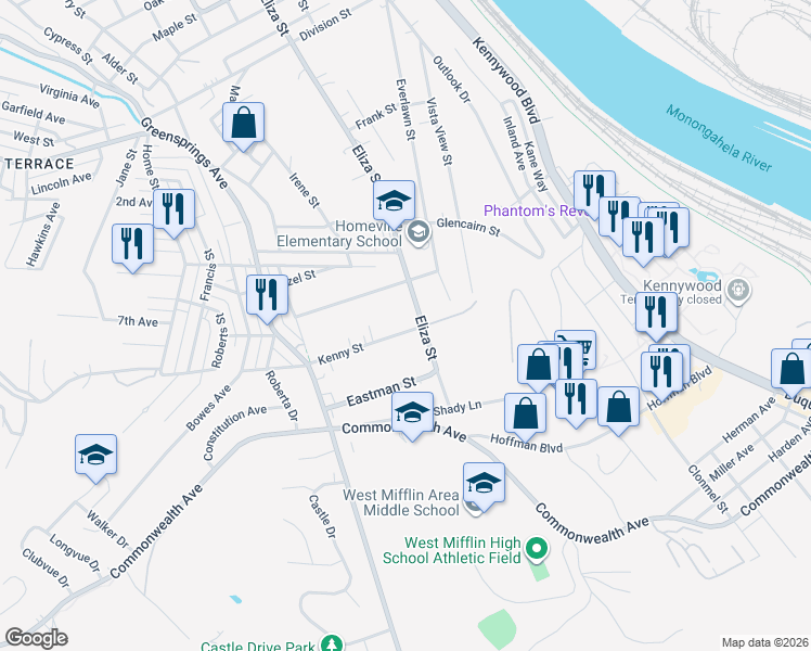 map of restaurants, bars, coffee shops, grocery stores, and more near 821 Kenny Street in West Mifflin