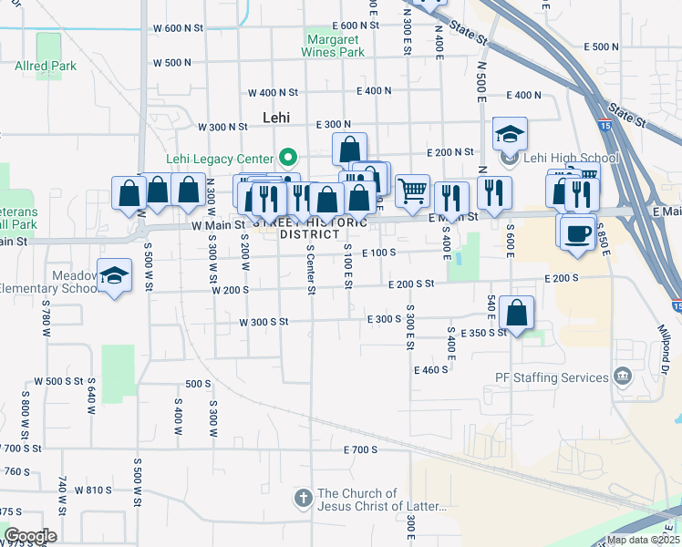 map of restaurants, bars, coffee shops, grocery stores, and more near 170 South 100 West in Lehi