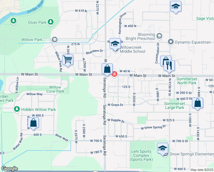 map of restaurants, bars, coffee shops, grocery stores, and more near 122 Tamarak Circle in Lehi