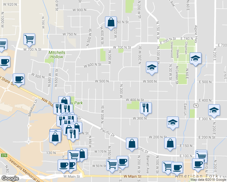 map of restaurants, bars, coffee shops, grocery stores, and more near 471 350 West in American Fork