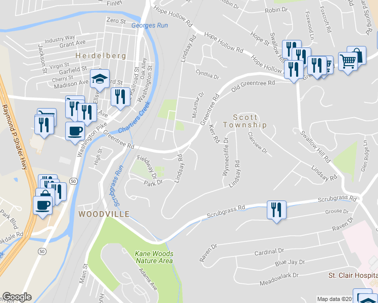 map of restaurants, bars, coffee shops, grocery stores, and more near 404 Pine Trees Drive in Carnegie