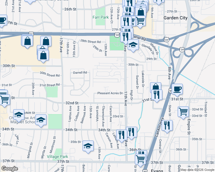 map of restaurants, bars, coffee shops, grocery stores, and more near 1315 Darrell Road in Evans