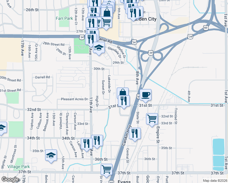 map of restaurants, bars, coffee shops, grocery stores, and more near 3027 Denver Street in Evans