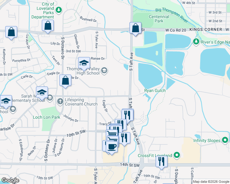 map of restaurants, bars, coffee shops, grocery stores, and more near 665 Peggy Court in Loveland