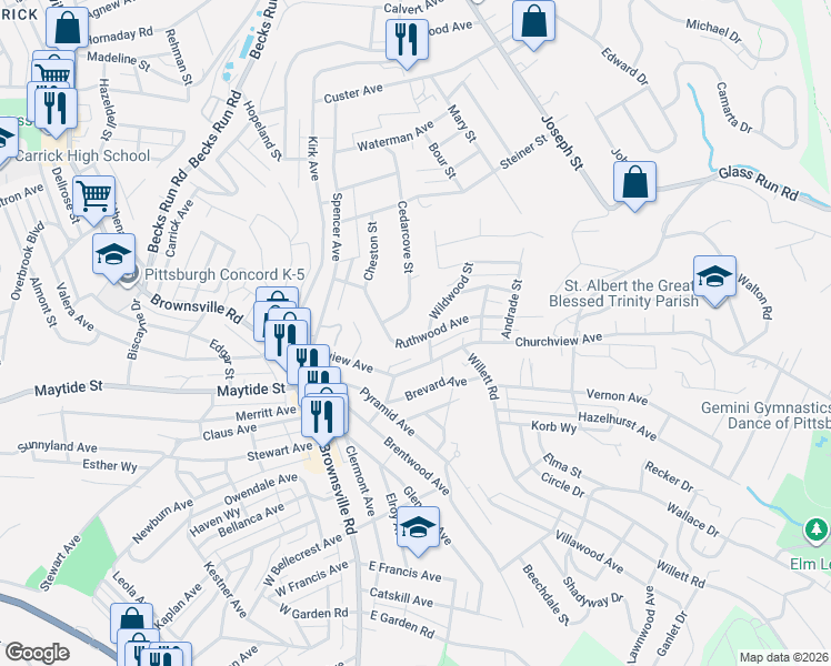 map of restaurants, bars, coffee shops, grocery stores, and more near 415 Ruthwood Avenue in Pittsburgh