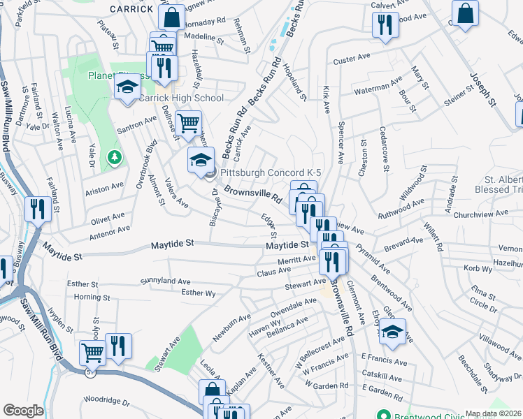 map of restaurants, bars, coffee shops, grocery stores, and more near 21 Wysox Street in Pittsburgh