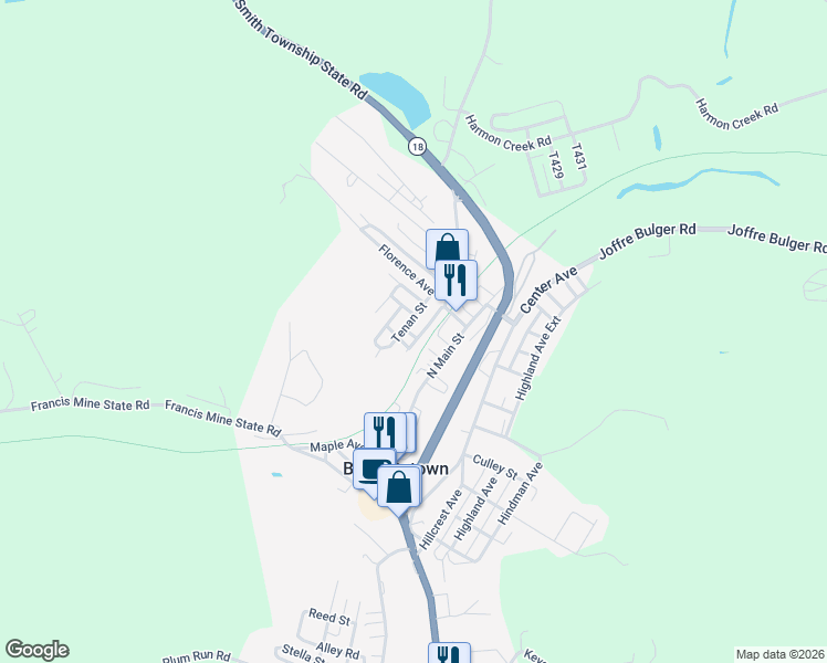 map of restaurants, bars, coffee shops, grocery stores, and more near 36 Whitaker Street in Burgettstown