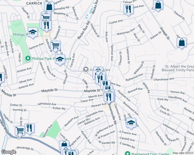 map of restaurants, bars, coffee shops, grocery stores, and more near 2553 Churchview Avenue in Pittsburgh