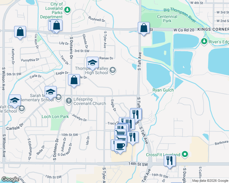 map of restaurants, bars, coffee shops, grocery stores, and more near 678 Eagle Drive in Loveland