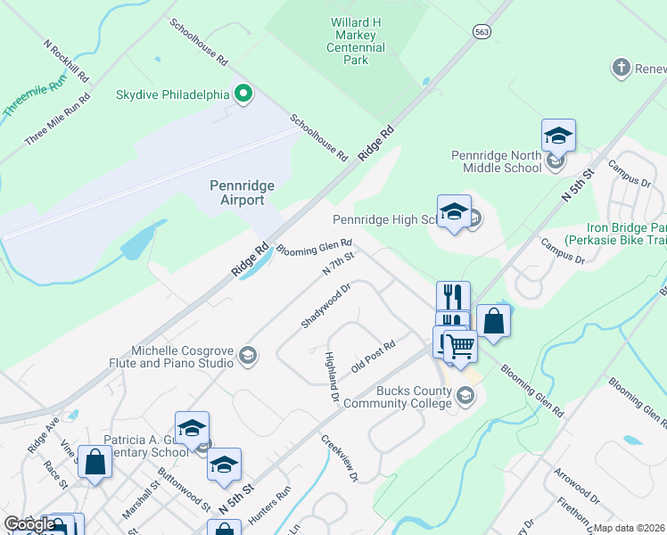 map of restaurants, bars, coffee shops, grocery stores, and more near 1117 North 7th Street in Perkasie