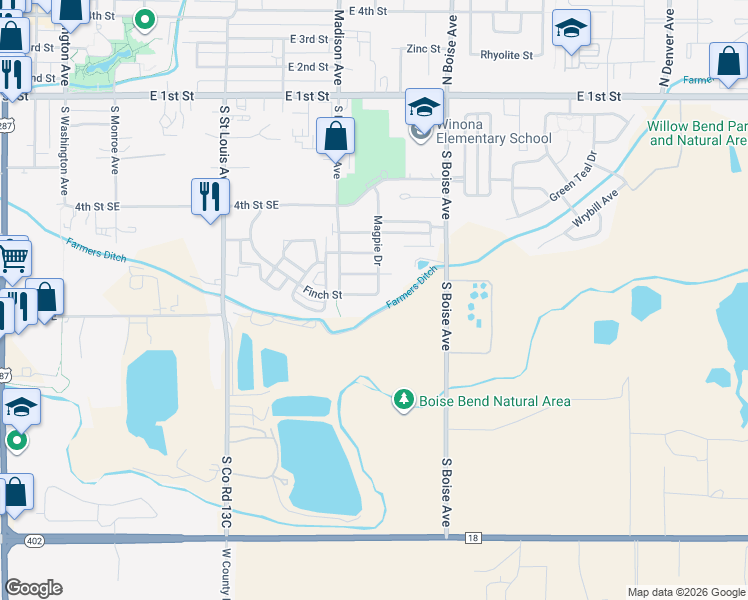 map of restaurants, bars, coffee shops, grocery stores, and more near 1398 Finch Street in Loveland
