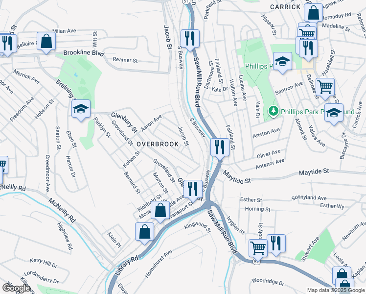 map of restaurants, bars, coffee shops, grocery stores, and more near 36 Cortina Way in Pittsburgh