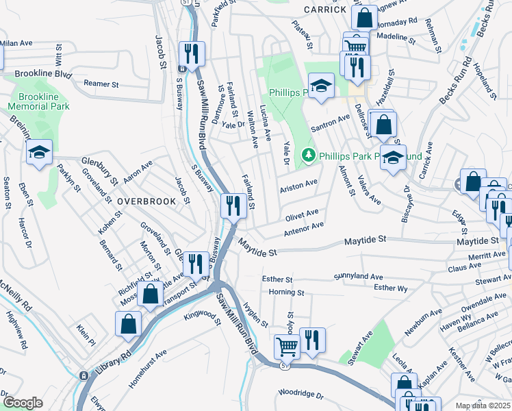 map of restaurants, bars, coffee shops, grocery stores, and more near 2329 Fairland Street in Pittsburgh