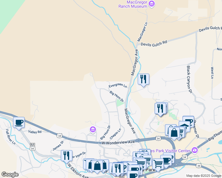 map of restaurants, bars, coffee shops, grocery stores, and more near 851 Big Horn Drive in Estes Park