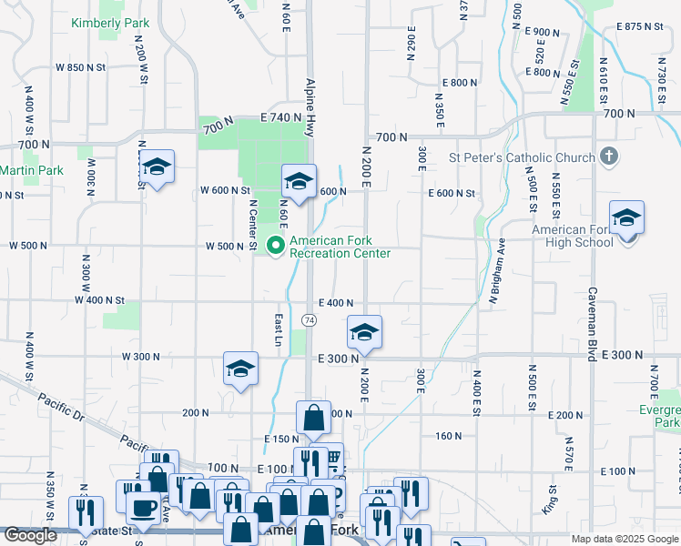 map of restaurants, bars, coffee shops, grocery stores, and more near 445 Thornwood Drive in American Fork