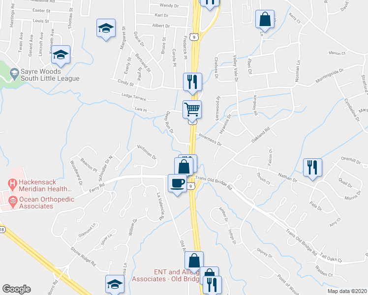 map of restaurants, bars, coffee shops, grocery stores, and more near 1 Monterey Court in Old Bridge