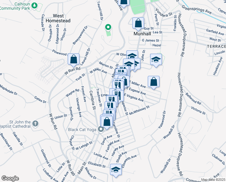 map of restaurants, bars, coffee shops, grocery stores, and more near 108 Virgin Way in Munhall