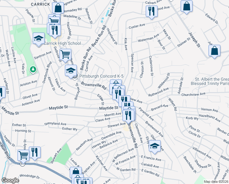 map of restaurants, bars, coffee shops, grocery stores, and more near 2553 Churchview Avenue in Pittsburgh
