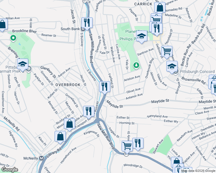 map of restaurants, bars, coffee shops, grocery stores, and more near 2321 Dartmore Street in Pittsburgh