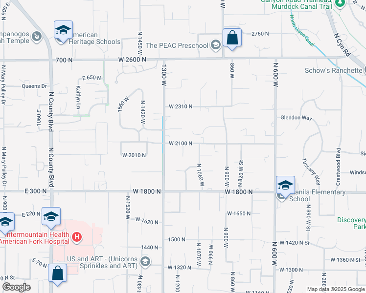 map of restaurants, bars, coffee shops, grocery stores, and more near 2078 North 1210 West in Pleasant Grove