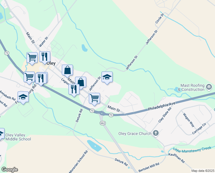 map of restaurants, bars, coffee shops, grocery stores, and more near 17 Jefferson Street in Oley