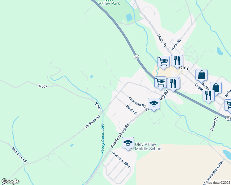 map of restaurants, bars, coffee shops, grocery stores, and more near 597 Old State Road in Oley