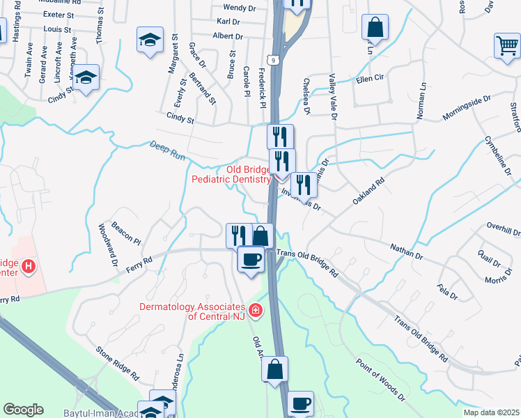 map of restaurants, bars, coffee shops, grocery stores, and more near 1 Monterey Court in Old Bridge Township