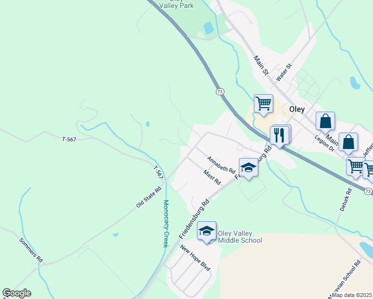 map of restaurants, bars, coffee shops, grocery stores, and more near 597 Old State Road in Oley