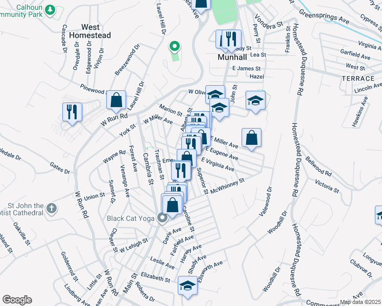 map of restaurants, bars, coffee shops, grocery stores, and more near 108 Virgin Way in Munhall