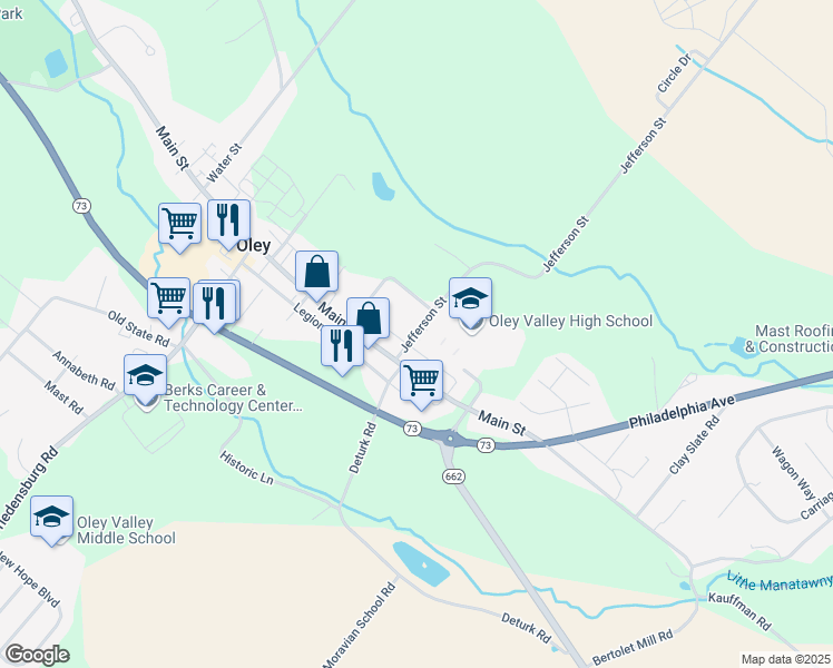map of restaurants, bars, coffee shops, grocery stores, and more near 17 Jefferson Street in Oley
