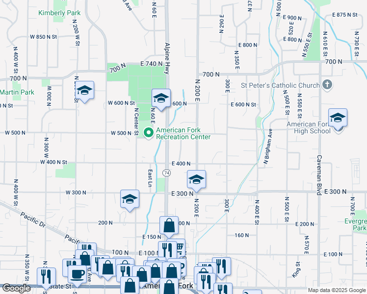 map of restaurants, bars, coffee shops, grocery stores, and more near 445 Thornwood Drive in American Fork