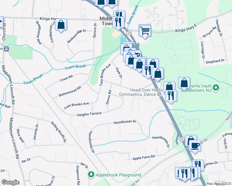 map of restaurants, bars, coffee shops, grocery stores, and more near 8 Heights Terrace in Middletown Township