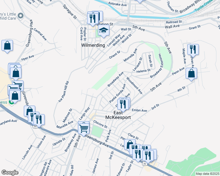 map of restaurants, bars, coffee shops, grocery stores, and more near 819 Broadway Street in East McKeesport