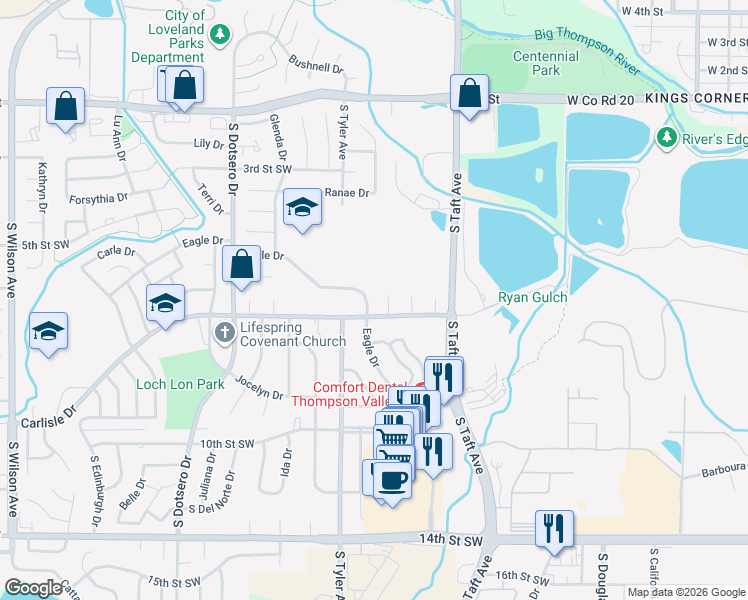 map of restaurants, bars, coffee shops, grocery stores, and more near 676 Eagle Drive in Loveland