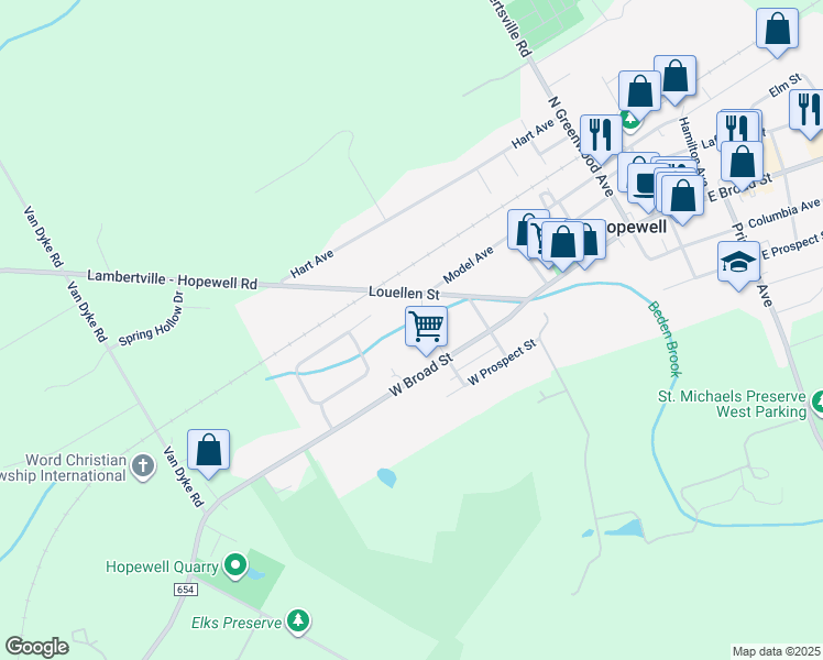 map of restaurants, bars, coffee shops, grocery stores, and more near 10 Eaton Place in Hopewell