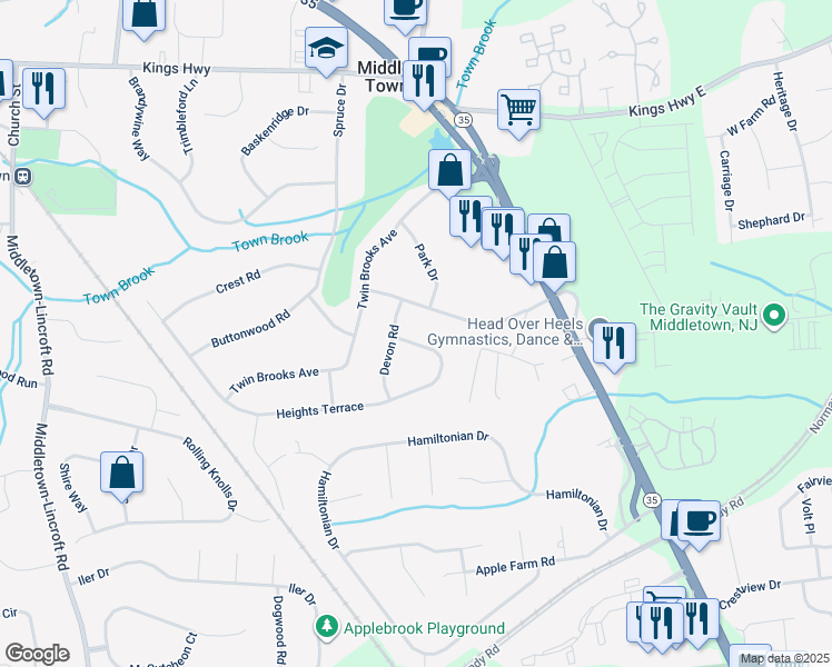 map of restaurants, bars, coffee shops, grocery stores, and more near 8 Heights Terrace in Middletown Township