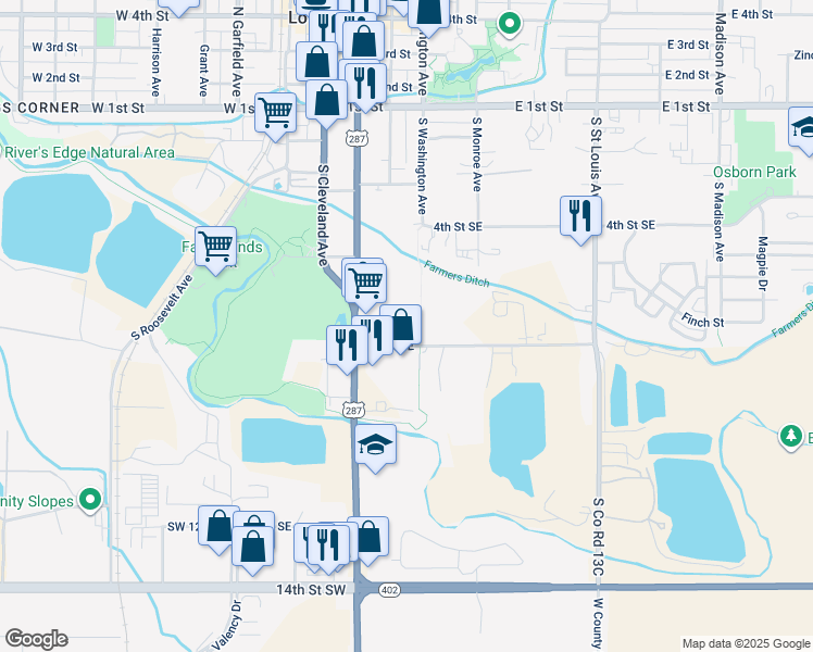 map of restaurants, bars, coffee shops, grocery stores, and more near 339 8th Street Southeast in Loveland