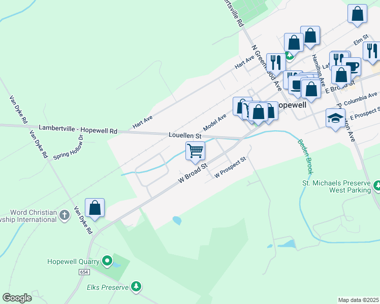 map of restaurants, bars, coffee shops, grocery stores, and more near 10 Eaton Place in Hopewell