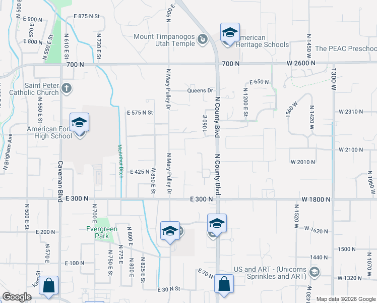 map of restaurants, bars, coffee shops, grocery stores, and more near 1024 East 450 North Circle in American Fork
