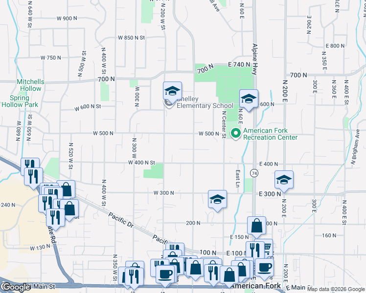 map of restaurants, bars, coffee shops, grocery stores, and more near 168 West 450 North Street in American Fork