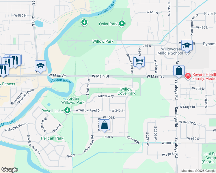 map of restaurants, bars, coffee shops, grocery stores, and more near 2937 Willow Drive in Lehi