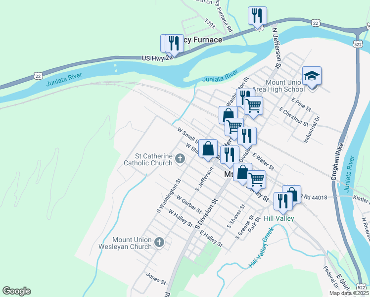 map of restaurants, bars, coffee shops, grocery stores, and more near 223-235 W Academia St in Mt Union