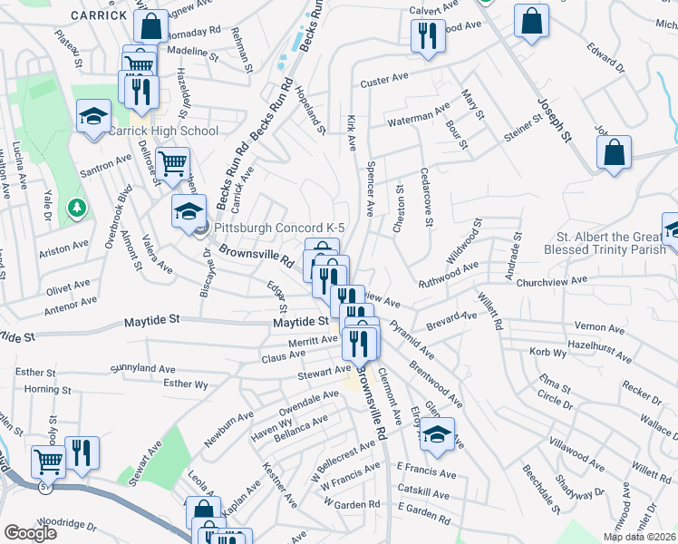 map of restaurants, bars, coffee shops, grocery stores, and more near 2553 Churchview Avenue in Pittsburgh