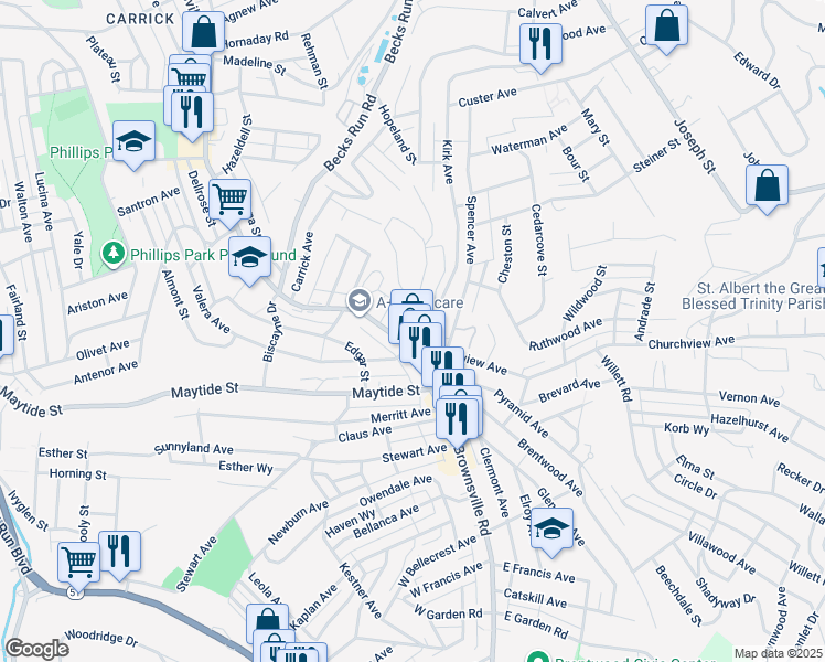 map of restaurants, bars, coffee shops, grocery stores, and more near 2553 Churchview Avenue in Pittsburgh