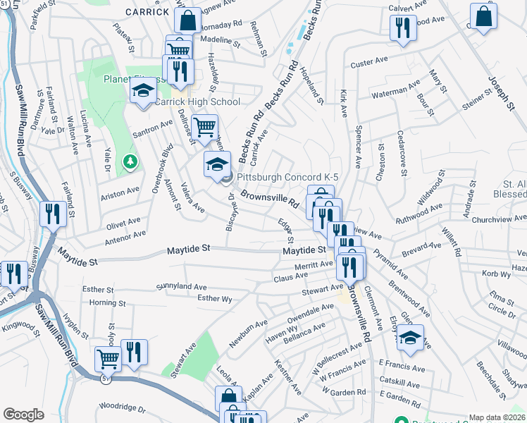 map of restaurants, bars, coffee shops, grocery stores, and more near 21 Wysox Street in Pittsburgh