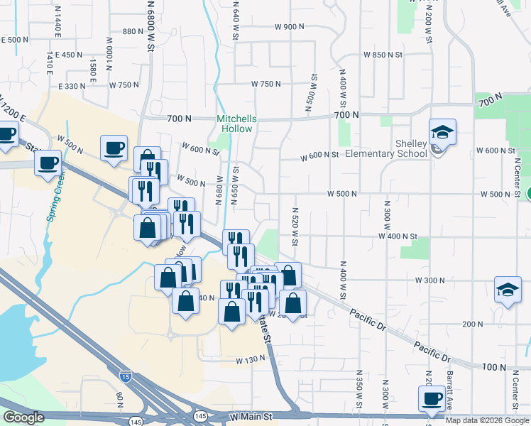 map of restaurants, bars, coffee shops, grocery stores, and more near 457 North 570 West Street in American Fork