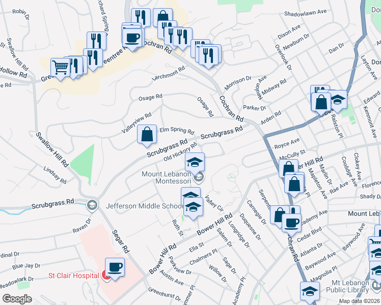 map of restaurants, bars, coffee shops, grocery stores, and more near 868 Old Hickory Rd in Pittsburgh