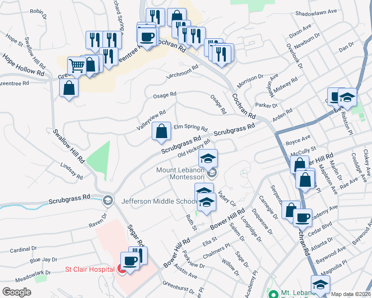 map of restaurants, bars, coffee shops, grocery stores, and more near 885 Old Hickory Road in Pittsburgh