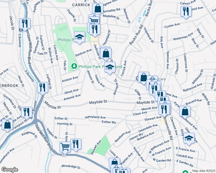 map of restaurants, bars, coffee shops, grocery stores, and more near 2385 Valera Avenue in Pittsburgh