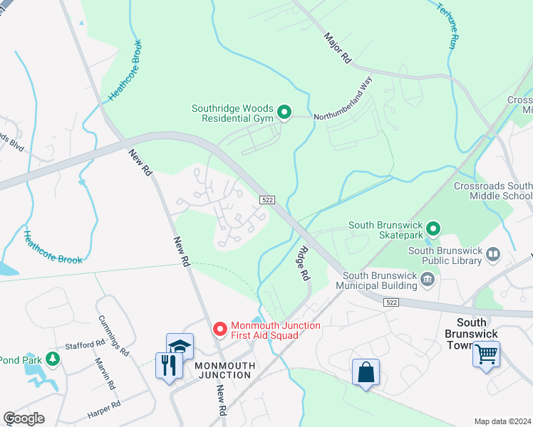 map of restaurants, bars, coffee shops, grocery stores, and more near 26 Ironwood Court in South Brunswick Township